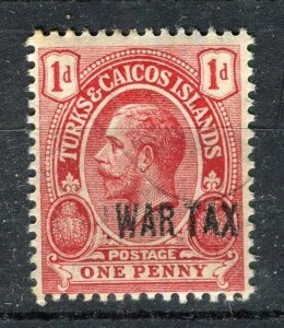 TURKS CAICOS; 1916-18 early GV War Tax Optd. issue used hinged 1d. value