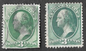 Two US Scott #147 Used, 3¢ Jefferson, 1870, Yellow Green & Green color varieties