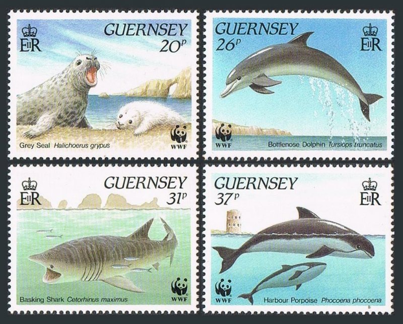 Guernsey 441-444,MNH.Michel 497-500. WWF 1990.Seal;Dolphin,Shark,Porpoise.