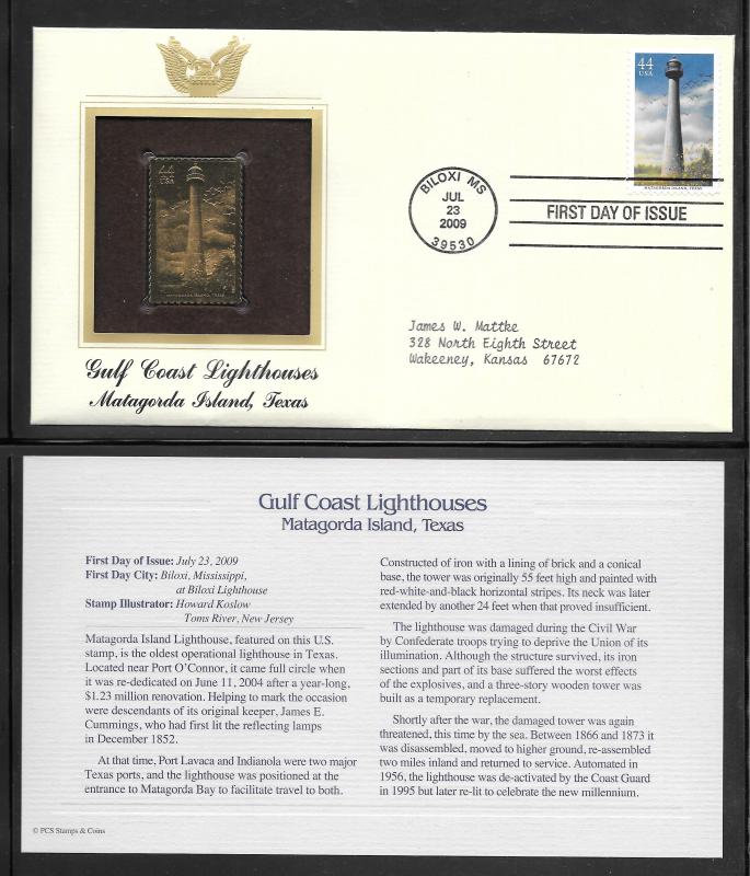 Just Fun Cover #4409 U/A GOLD REPLICA FDC Matagorda Is Lighthouse Tex (my5880)