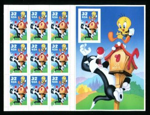 3205 Sylvester & Tweety Sheet of 10 No Die Cutting Right Stamp 32¢ Stamps 1998