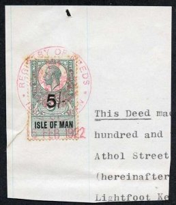 Isle of Man KGV 5/- Key Plate Type Revenue CDS on Piece