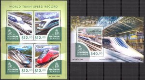 Solomon Islands 2015 World Trains Speed Records sheet + S/S MNH