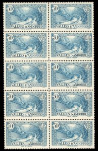 Andorra (French) #63A Cat$26+, 1943 50fr turquoise blue, block of ten, never ...