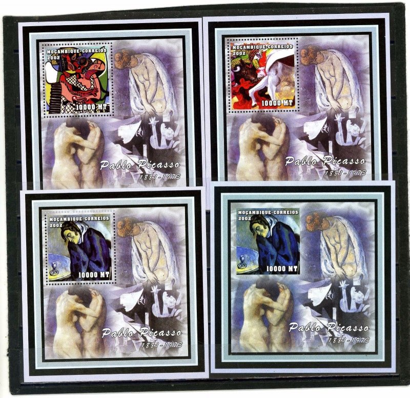 MOZAMBIQUE 2002 PAINTINGS BY PABLO PICASSO SET OF 4 S/S PERF.& IMPERF.MNH