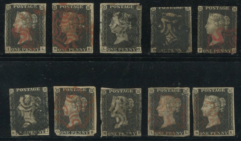 Great Britain 1 Penny Black Student Study Lot of 10 Used Stamps Bx5255