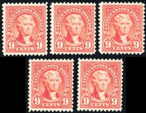 561, Mint VF NH 9¢ GROUP OF FIVE CV $125.00 * Stuart Katz