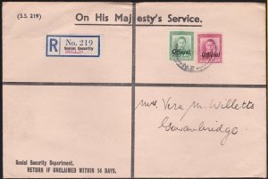 NEW ZEALAND 1952 GVI Officials on OHMS Social Security registered cover....D6082