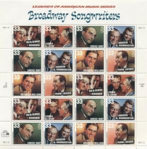 US: 1999 BROADWAY SONGWRITERS; Complete Sheet Sc 3345-3450; 33 Cents Values