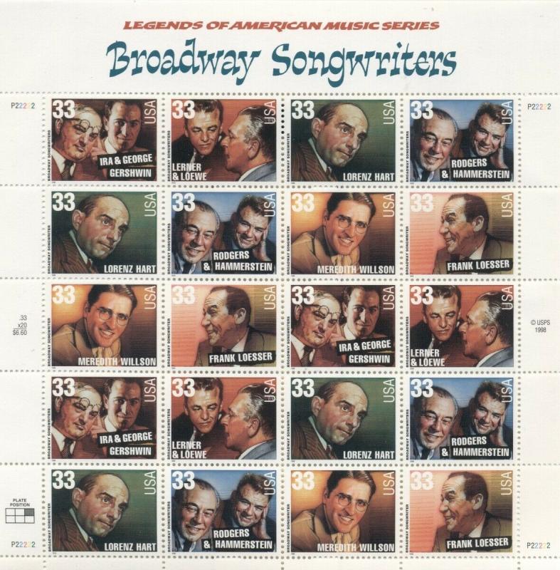 US: 1999 BROADWAY SONGWRITERS; Complete Sheet Sc 3345-3450; 33 Cents Values