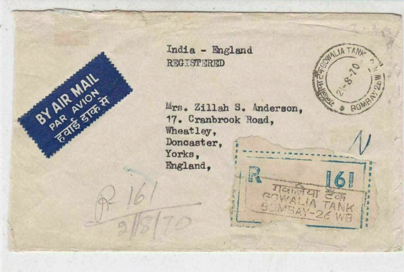 India 1970 Registered Airmail Bombay Cancels Multiple Stamps Cover Ref 33569 