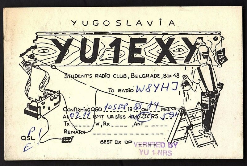 QSL QSO RADIO CARD YU1EXY,Student's Radio Club,Painter, Yugoslavia (Q2265)