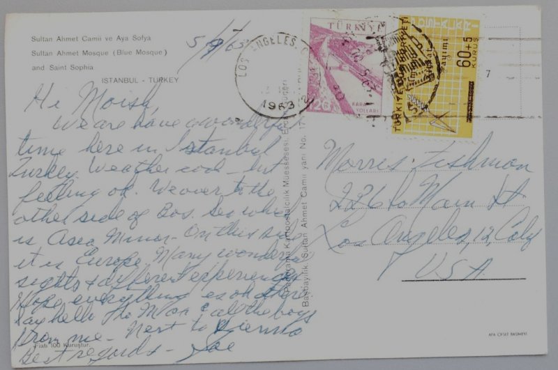 POSTCARD-ISTANBUL TURKEY, SULTAN AHMET (BLUE) MOSQUE-POSTED 1963