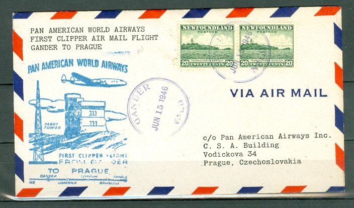 NEWFOUNDLAND to PRAGUE JUNE 1946 1st PAN AM CLIPPER AIRMAIL FLIGHT COVER  #263