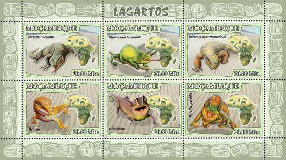 Mozambique - Lizards on Stamps -  Sheet of 6 Stamps - 13A-047