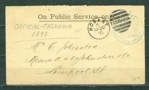 TASMANIA 1875 STAMPLESS COVER...NICE CANCELLATION