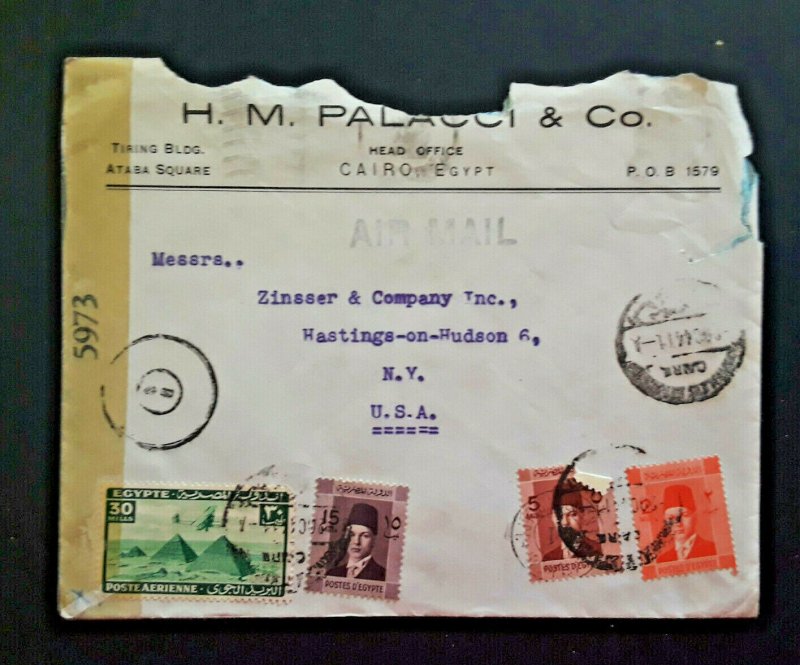 1944 Cairo Egypt To Hastings On Hudson New York Censored Airmail Cover 
