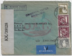 Tel-Aviv, Palestine to Peru, IL 1945 Airmail Palestine Censor Tape ty 9 (C5598)