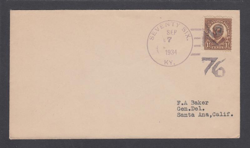 US Sc 684  on 1934 cover, black 76 Fancy Cancel of Seventy-Six, Kentucky