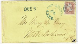 1860's Baltimore, Maryland PAID and cancel in blue on cover, DUE 6 in blue