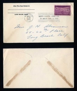 # 858 First Day Cover addressed, uncacheted Bismarck, North Dakota - 11-2-1939