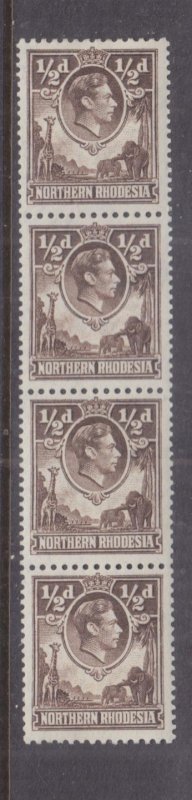 NORTHERN RHODESIA, 1952 KGVI 1/2d. Chocolate, 12 1/2 x 14, Coil strip of 4