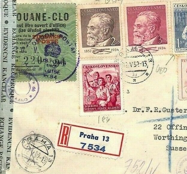 Czechoslovakia Cover *TIMBRE POSTE* OVERPRINT Customs Label 1952 Registered BU66