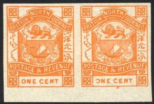 North Borneo SG37b 1c Orange Imperf Pair U/M Cat 50++ Pounds