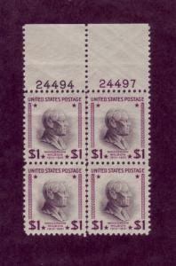 832 MNH,  $1 Wilson, Plate Block,  scv: $35