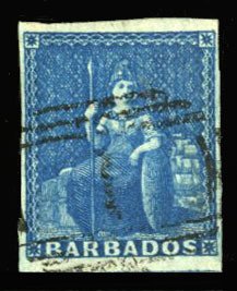 Barbados #2 (SG 4) Cat£70, 1852 1p dark blue, used