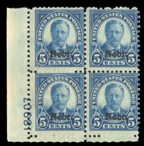 United States, 1910-30 #674 Cat$400, 1929 5c deep blue, plate block of four, ...