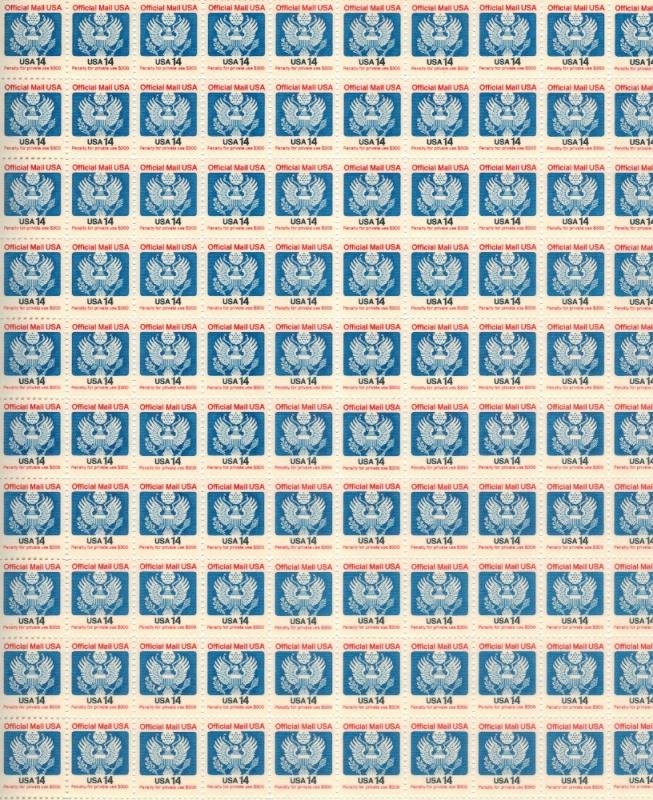 US #O129A   14c  Official Mail   Full sheet of 100  MNH