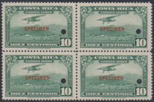 COSTA RICA 1952-53 MAIL PLANE Sc C217 BLOCK OF FOUR SPECIMEN MNH VF 