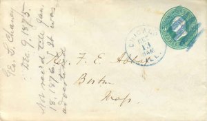 United States Illinois Chicago 1875 blue cds, bar grid  Postal Stationery Env...