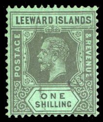 Leeward Islands #59 Cat$40, 1913 1sh black on green, light cancel