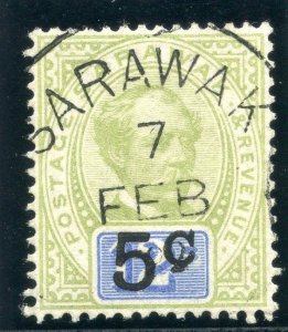 Sarawak 1891 QV 5c on 12c green & blue (no sto after C) VFU. SG 26a. Sc 24a.