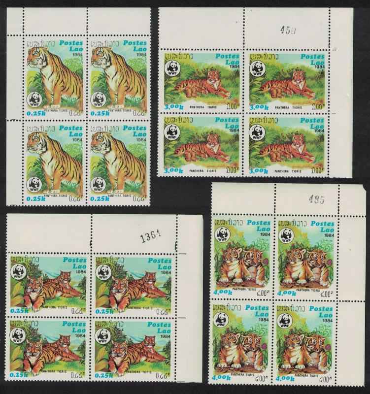 Laos WWF Tiger 4v Corner Blocks of 4 with margins SG#704-707 SC#517-520