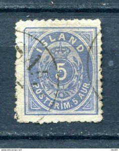 Iceland 1876 Sc8 Fa 9 5a blue Used small thin CV$1000 11690