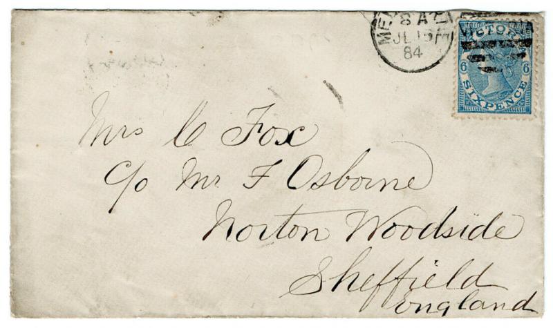 (I.B) Australia Postal : Victoria Cover (Melbourne to Sheffield 1884)