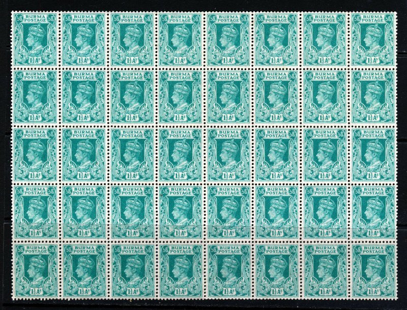 BURMA King George VI 1938 1½ As. Turquoise-Green BLOCK OF FORTY SG 23 MNH