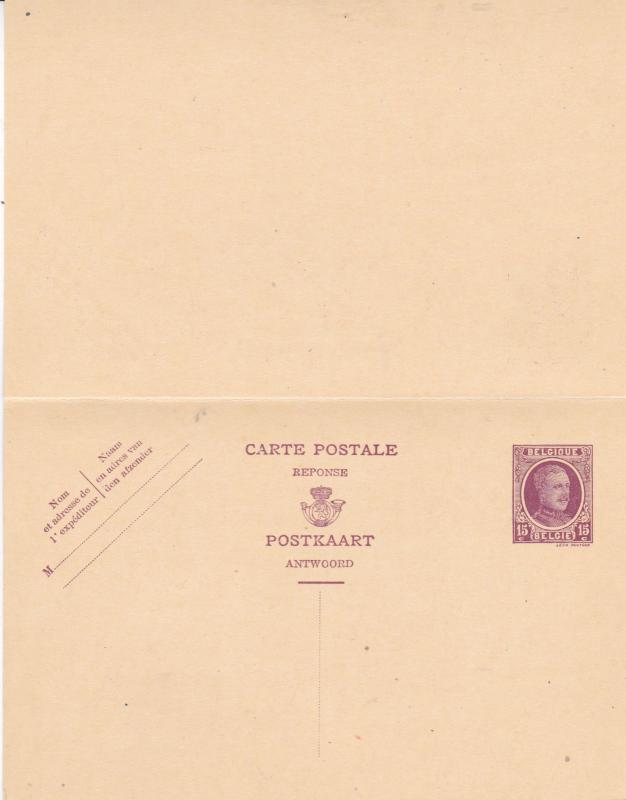  Belgium 15c King Albert Postcard plus reply Unused VGC 