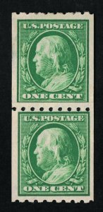 EXCEPTIONAL GENUINE SCOTT #390 MINT OG H 1910 GREEN COIL PASTE-UP PAIR  #10405