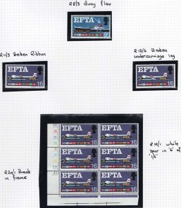 GB 1967 EFTA ord 9d r8/3 quay flaw, 1/6d r11/3 broken ribbon, r13/6 fuselage f