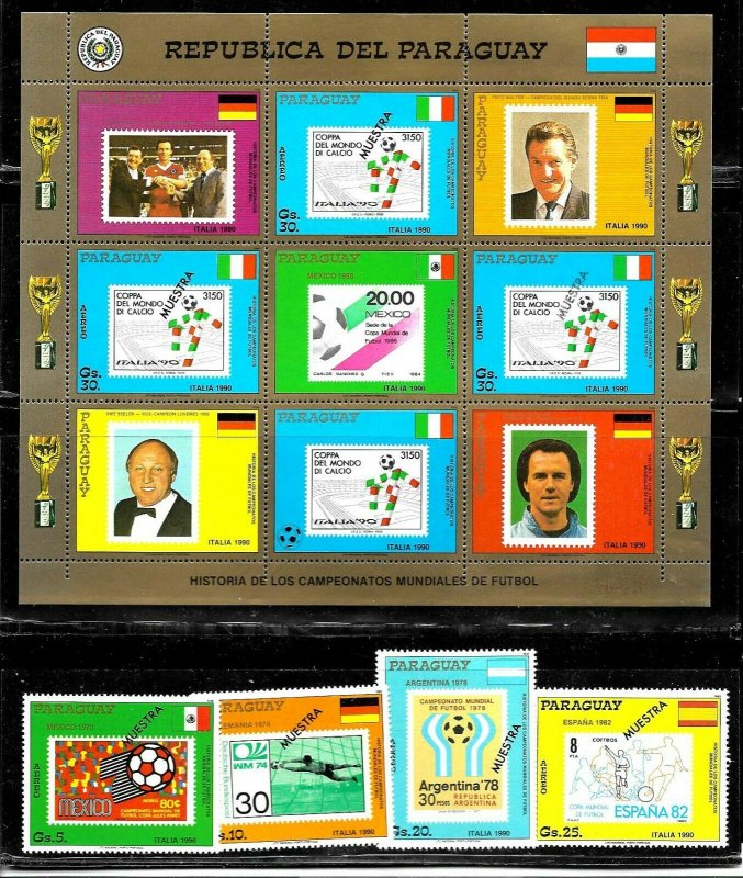 PARAGUAY 1988 FOOTBALL SOCCER WORLD CUP ITALY SPECIMEN MUESTRA SET+MS Mi 4268-72