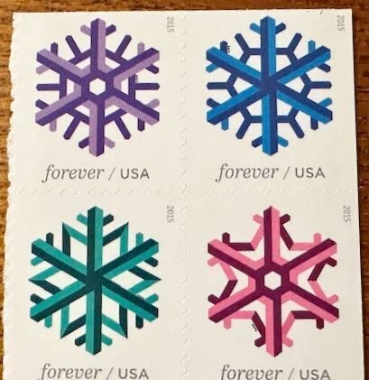 US US # 5034a Snowflakes, block of 8 (4 on each side) forever 2015 Mint NH
