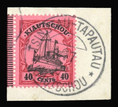 German Colonies, Kiauchau #28 Cat$90, 1905 40c lake and black, used on piece,...