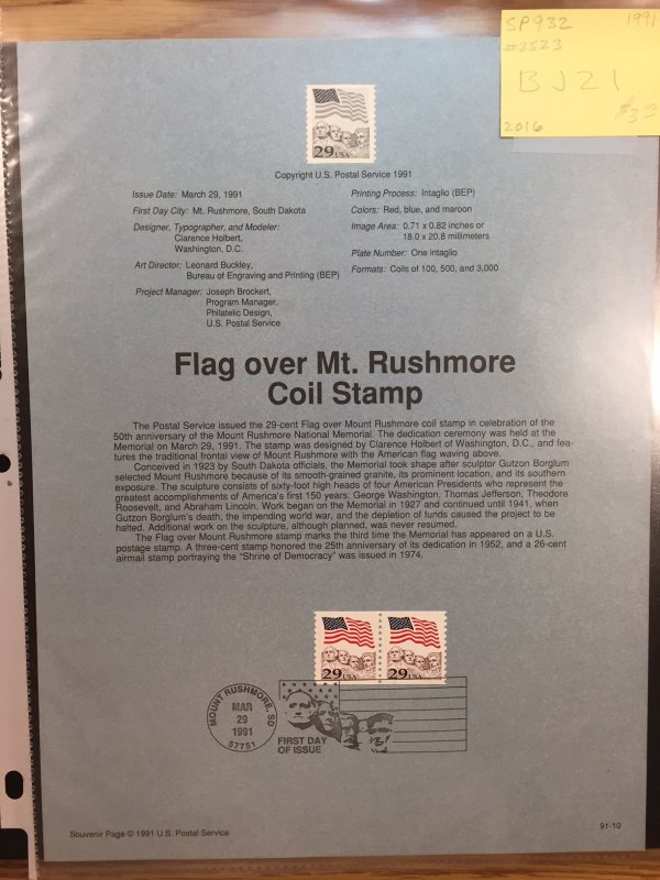 US #SP932 / 2523 Flag over Mt. Rushmore Coil Stamp - Souvenir Sheet / Page