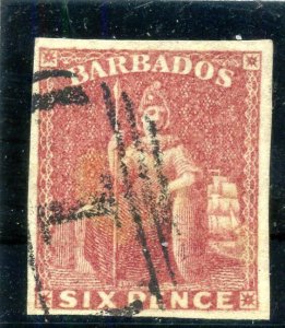 Barbados 1858 QV 6d deep rose-red (four margins) very fine used. SG 11a.