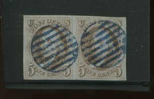 1 Franklin Used Pair with Blue Grid Cancels 2 PF Certs (Bz 439) *FINEST EXAMPLE* 