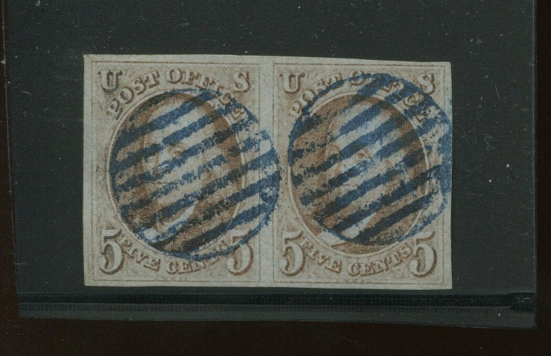 1 Franklin Used Pair with Blue Grid Cancels 2 PF Certs (Bz 439) *FINEST EXAMPLE*